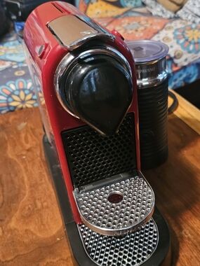 Nespresso Red and Black Espresso Machine with Silver Accents
